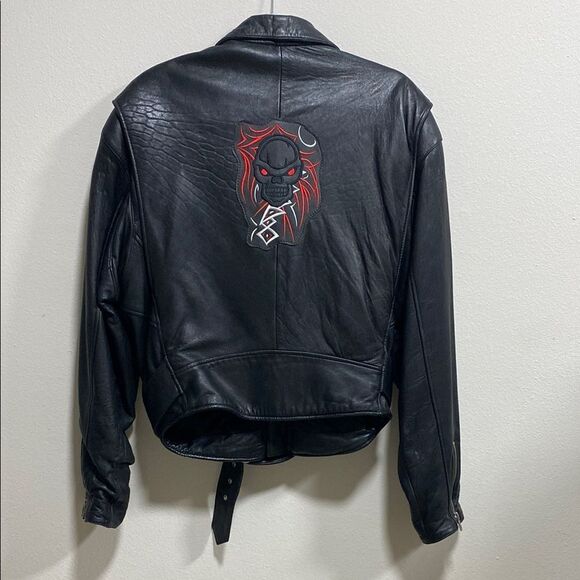 Vintage Tannery West Black Leather Studded Biker Moto Jacket Skull Patch Size‎ S - Picture 3 of 16